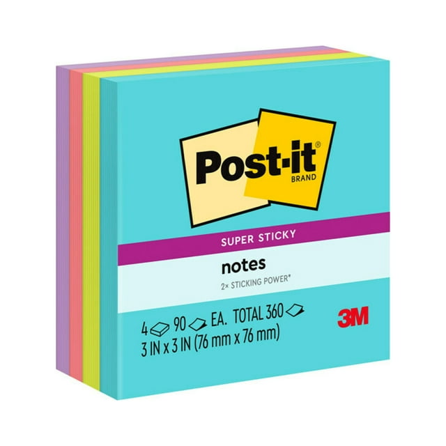 Post-it Super Sticky Notes, 3 in. x 3 in., Supernova Neons, 4 Pads ...