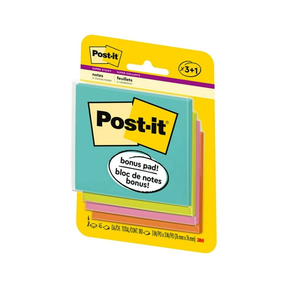 Post-it Super Sticky Notes, 3 in. x 3 in., Supernova Neons, 4 Pads