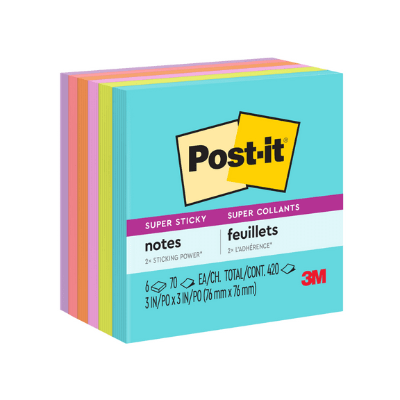 Post-it Super Sticky Notes: 3 in. x 3 in. (Supernova Neons Collection) 70-sheets per pad / 6-pack