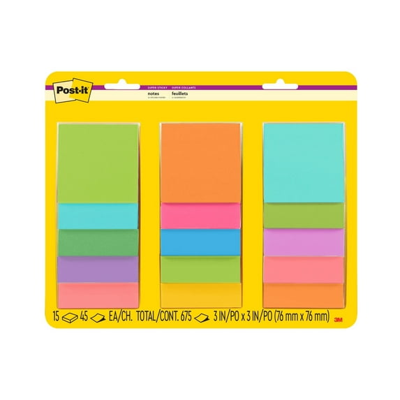 Post-it Super Sticky Notes, 3 in x 3 in, Supernova Neons and Energy Boost, 15 Pads