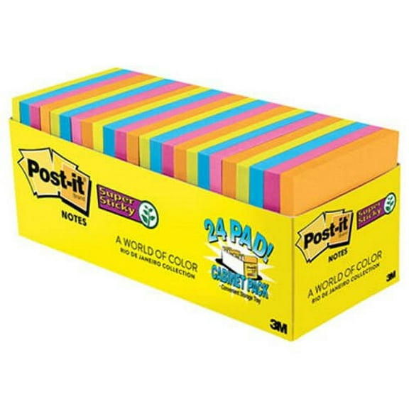 Post-it Super Sticky Notes, 3 x 3, Asst Colors, 70 Sht, 24/Set