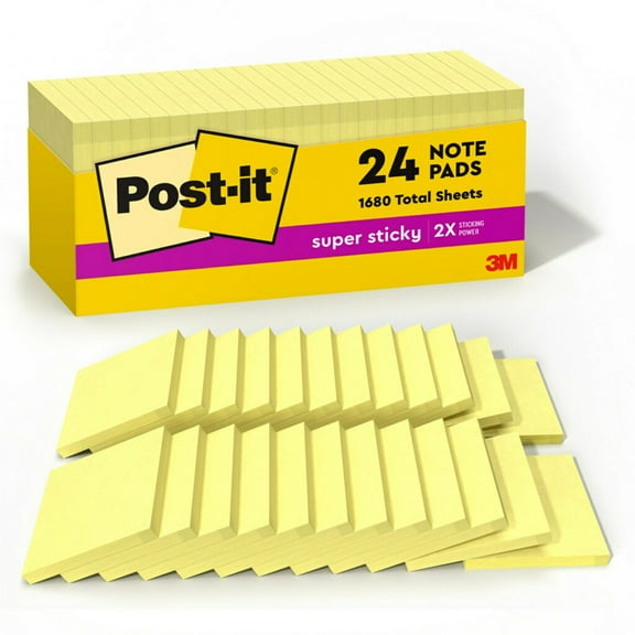 Post-it Super Sticky Notes, 3" x 3", Canary Yellow, 24 Pads