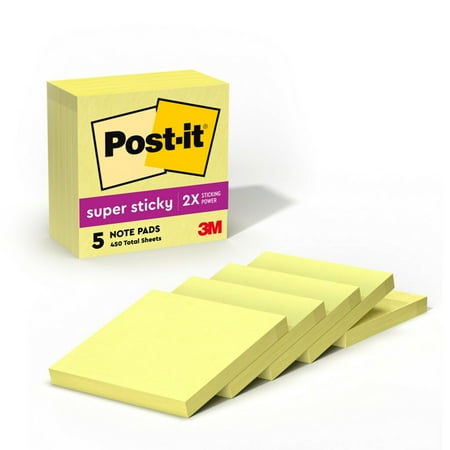 Post-it Super Sticky Notes, 3" x 3", Canary Yellow, 5 Pads