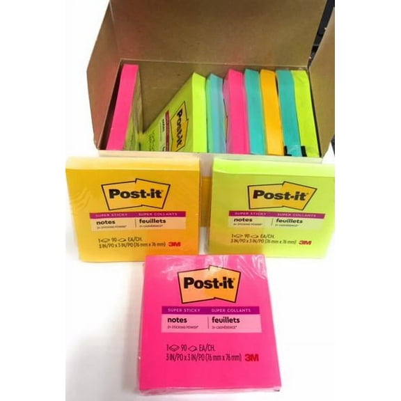 Post-it Super Sticky Notes, 3" x 3", Colors May Vary,  12 Pads Total