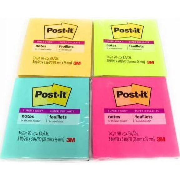 Post-it Super Sticky Notes, 3" x 3", Colors May Vary, 4 Pads Total