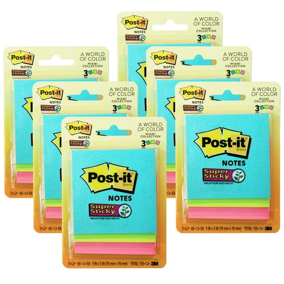Post-it Super Sticky Notes, 3" x 3", Miami Collection, 3 Pads/Pack, 6 Packs