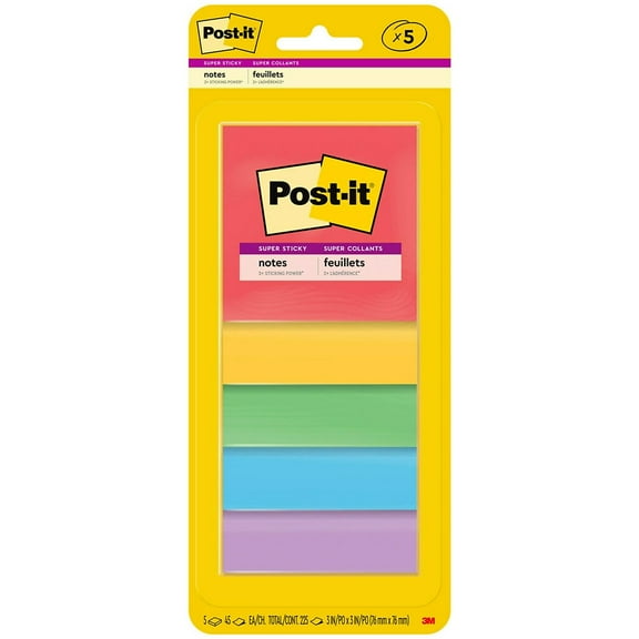 Post-it Super Sticky Notes 3" x 3" Playful Primaries Collection 45 Sheet/Pad 5 Pads/Pack