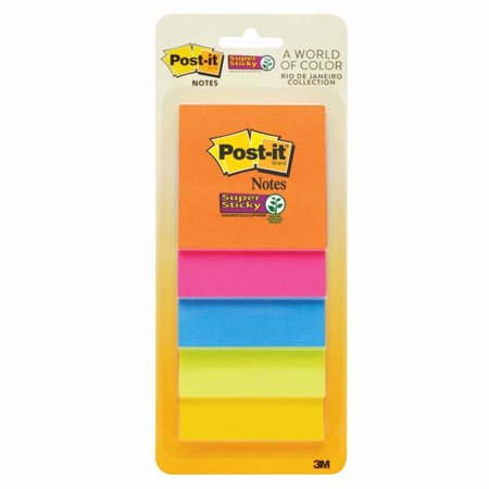 Post-it® Super Sticky Notes, 3" x 3", Rio de Janeiro, Pack Of 5 Pads