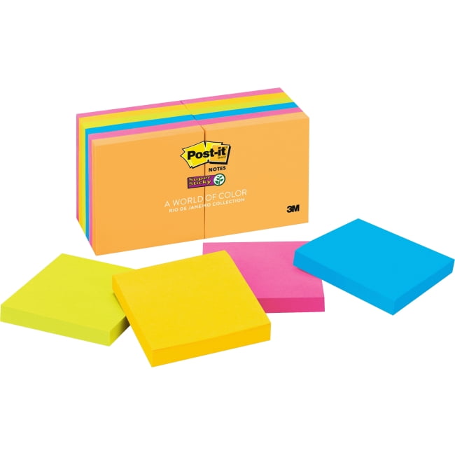 Post-it Super Sticky Notes, 3 in x 3 in, Rio de Janeiro Color Collection - 1080 - 3" x 3" - Square - 90 Sheets per Pad - Unruled - Assorted - Paper - Self-adhesive - 12 Pad