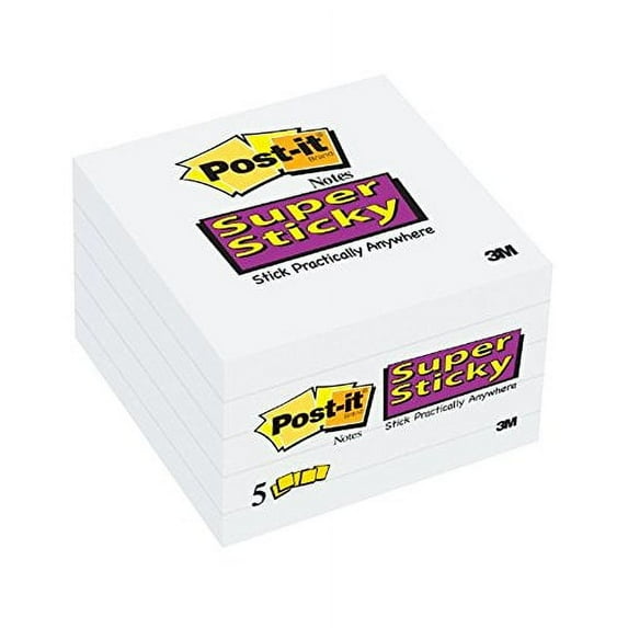 Post-it Super Sticky Notes, 3x3 in, 5 Pads, 2x the Sticking Power, White, Recyclable(654-5SSW)