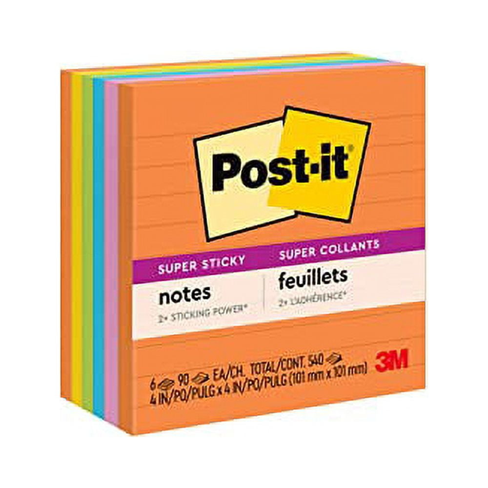 Post-it Super Sticky Notes, 4 in x 4 in, 6 Pads, 2x the Sticking Power, Energy Boost Collection, Bright Colors, Recyclable (675-6SSUC)