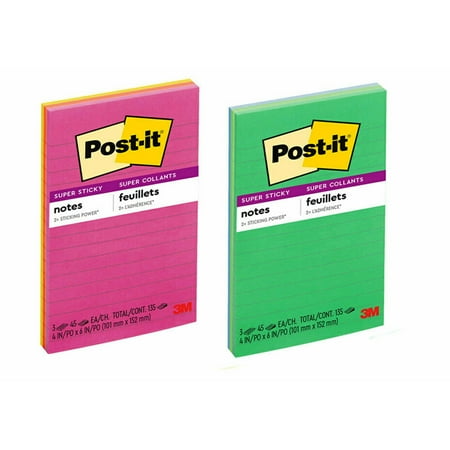 Post-it Super Sticky Notes, 4 in x 6 in, Lined, Assorted Brights, 3 Pads
