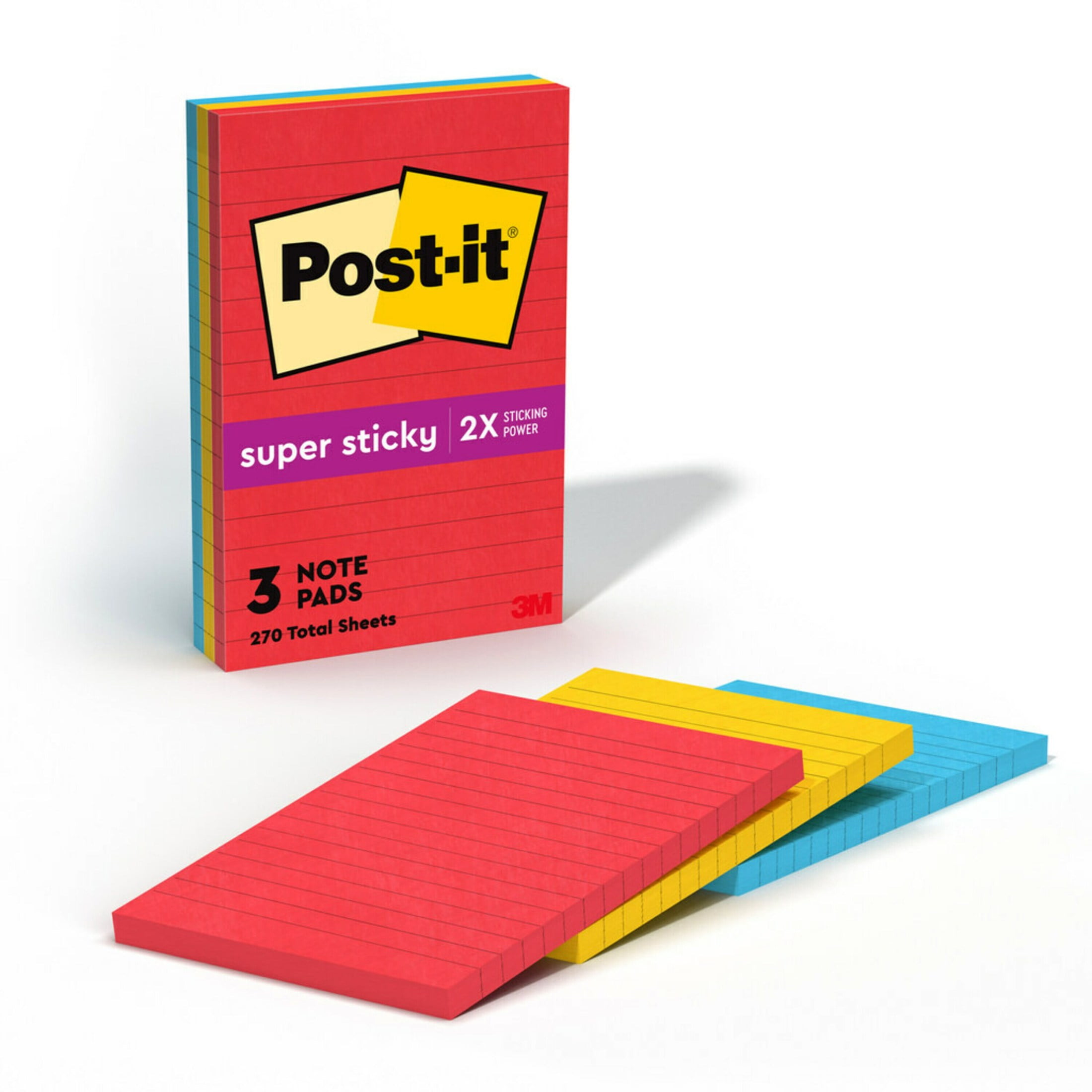 Post-it Super Sticky Notes, 4 in x 6 in, Playful Primaries, Lined, 3 Pads