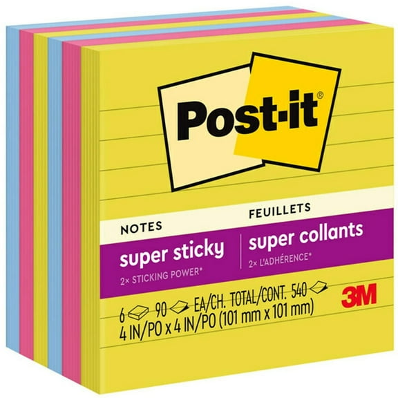 Post-it Super Sticky Notes 4" x 4" Summer Joy Collection Lined 90 Sheet/Pad 6 Pads/Pack (675-6SSJOY)