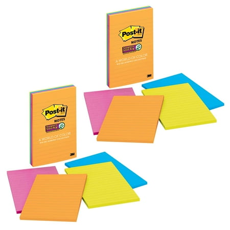 Post-it Super Sticky Notes, 4" x 6", Rio de Janeiro Collection, Lined, 4 Pads/Pack, 2 Packs