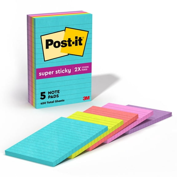 Post-it Super Sticky Notes, 4" x 6", Supernova Neons Collection, Lined
