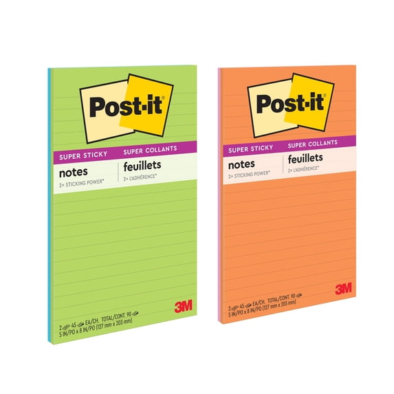 Post-it Super Sticky Notes, 5 in x 8 in, Energy Boost, Lined, 2 Pads