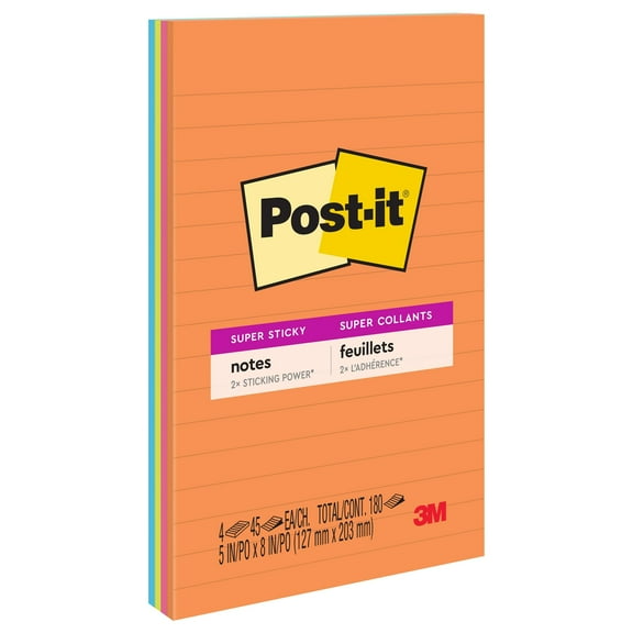 Post-it Super Sticky Notes, 5 in x 8 in, Energy Boost , Lined, 4 Pads