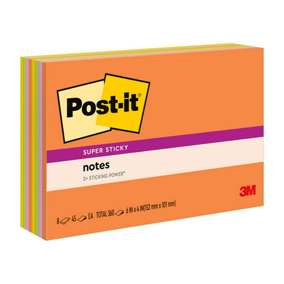 Post-it Super Sticky Notes, 6 in x 4 in, Energy Boost Collection, 8 Pads/Pack, 45 Sheets/Pad