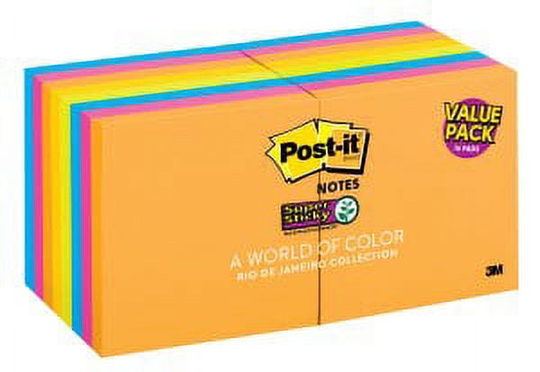 Post-it Super Sticky Notes 654-12SSAU+4, 3 in x 3 in (76 mm x 76 mm) Rio de Janeiro Collection