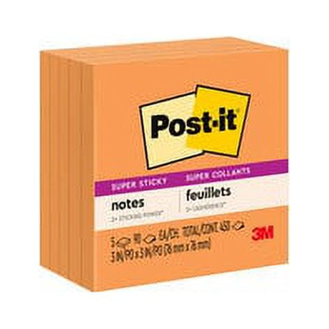 Post-it Super Sticky Notes 654-5SSNO, 3 in x 3 in (76 mm x 76 mm), Neon Orange