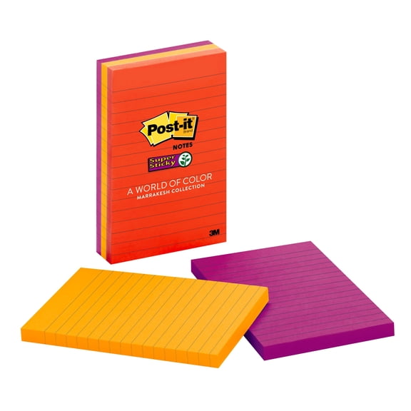 Post-it Super Sticky Notes 660-3SSAN, 4 in x 6 in (101 mm x 152 mm) Marrakesh Collection, Lined, 3 Pads/Pack