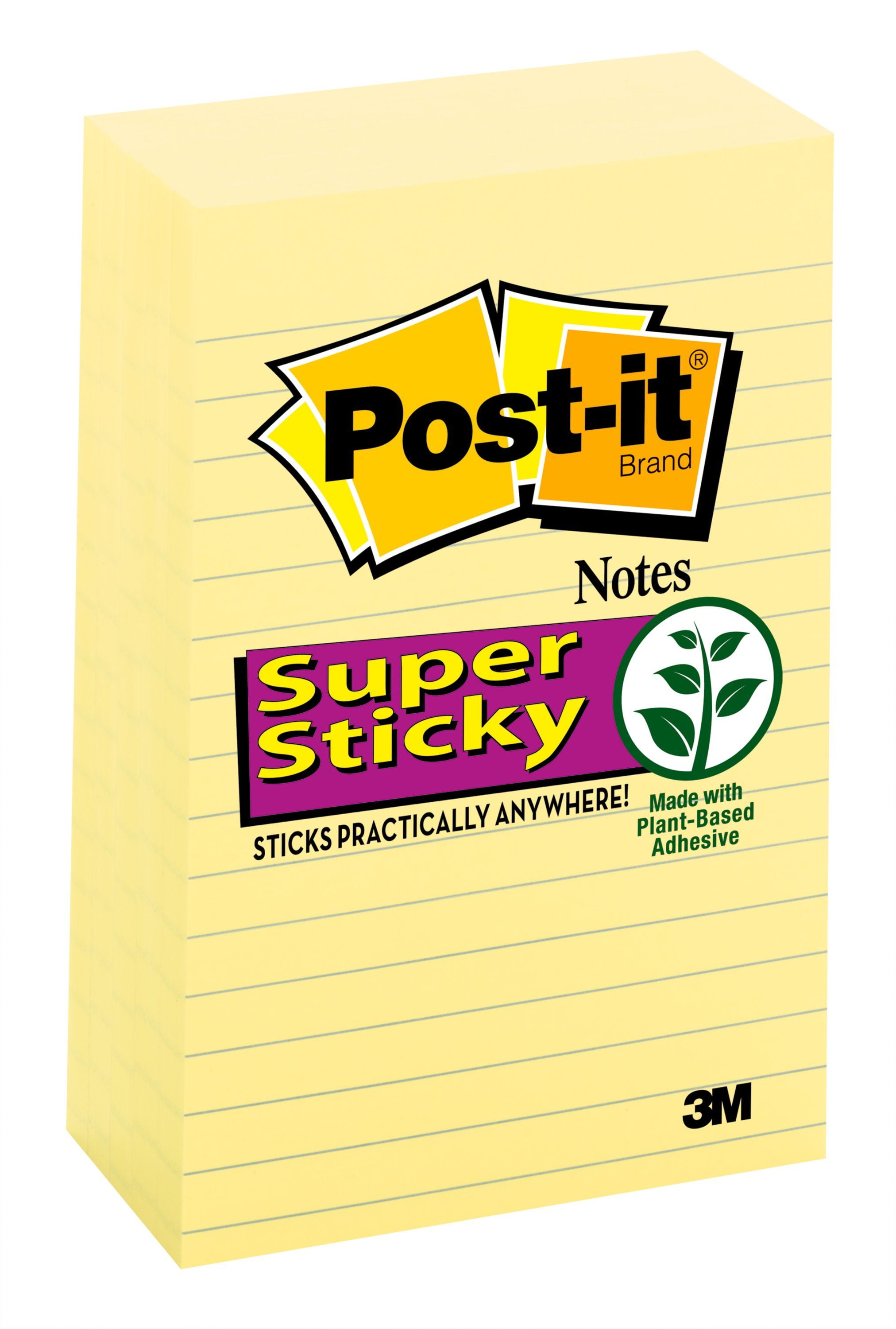 Post-it Super Sticky Notes 660-5SSCY, 4 in x 6 in (10.16 cm x 15.24 cm) Canary Yellow, lined, 5 pack, 90 sheet pads