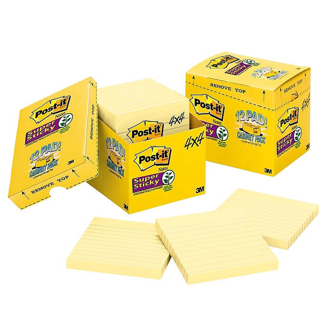 Post-it Super Sticky Notes 675-12SSCP 4 in x 4 in Canary, Lined, 12 Pads in Cabinet Pack