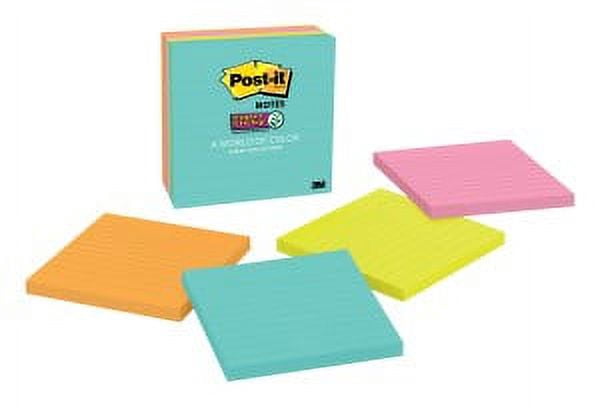 Post-it Super Sticky Notes 675-4SSMIA, 4 in x 4 in (101 mm x 101 mm), Supernova Neons, 4 Pads/Pack, 90 Sheets/Pad, Lined