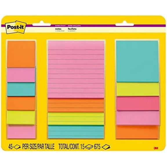 Post-it Super Sticky Notes, Assorted Sizes, 15 Pads, 2x the Sticking Power, Miami Collection, Neon Colors (Orange, Pink, Blue, Green), Recyclable (4423-15SSMIA)