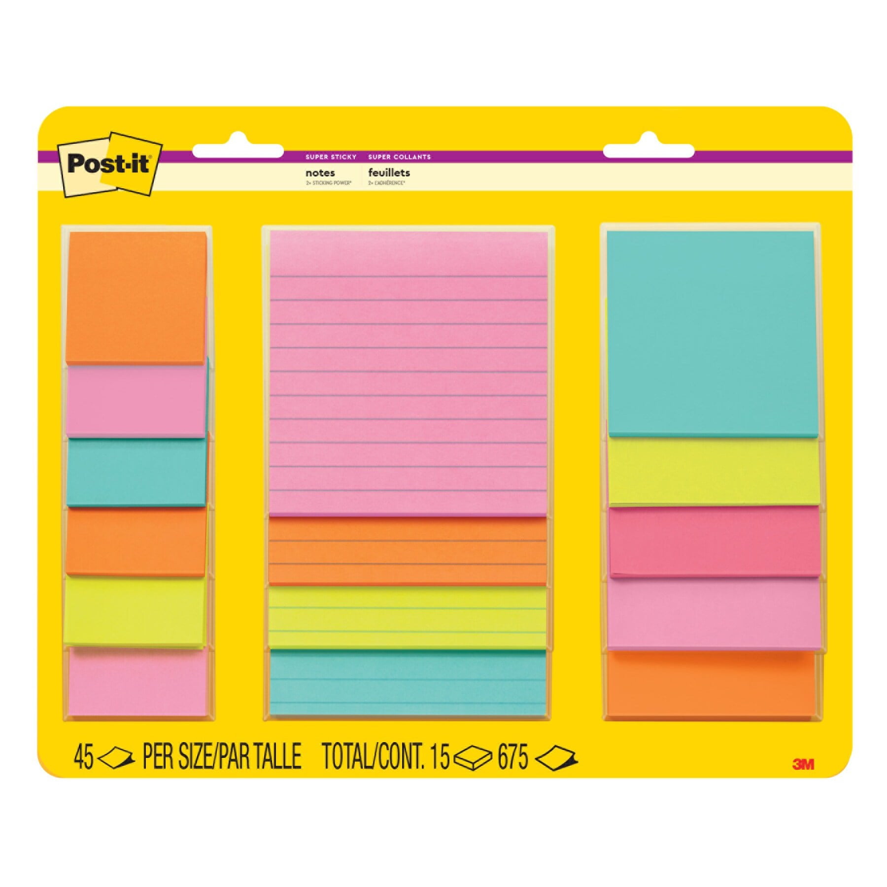 Post-it Super Sticky Notes, Assorted Sizes, Supernova Neons, Lined, 15 Pads
