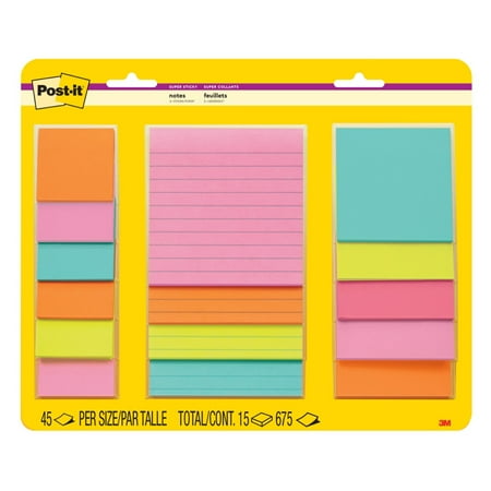 Post-it Super Sticky Notes, Assorted Sizes, Supernova Neons, Lined, 15 Pads