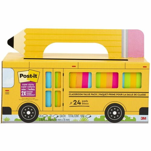 Post-it® Super Sticky Notes Bus Cabinet Pack, 3" Flag/Note Width x 3" Flag/Note Length, Square, 70 Sheets per Pad (65424SSBUS) | 2 Packs