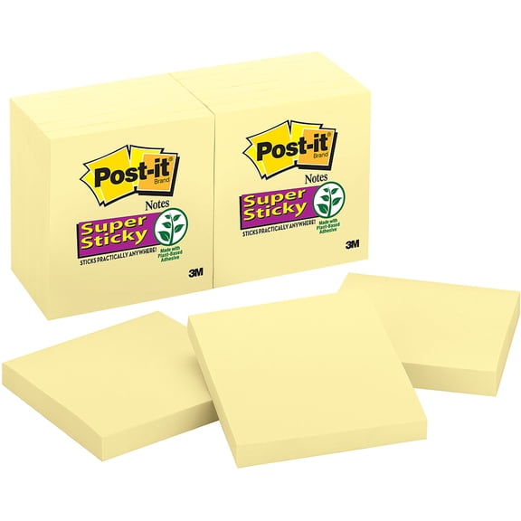 Post-it Super Sticky Notes, 3" x 3", Canary Yellow, 12 Pads