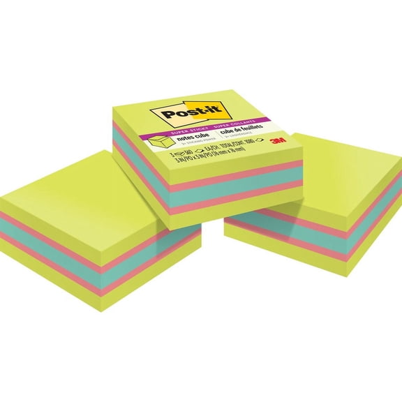 Post-it® Super Sticky Notes Cubes - 3" x 3" - Square - 360 Sheets per Pad - Bright Green, Blue, Pink - Paper - Sticky, Recyclable - 1 / Pack | Bundle of 2 Packs