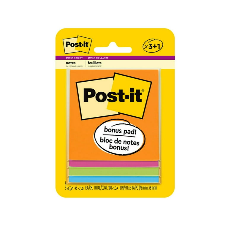 Post-it Super Sticky Notes, Energy Boost Collection, 3 in. x 3 in., 45  Sheets, 4 Pads 