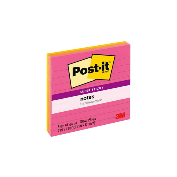 Postit Super Sticky Notes, Lined, 4 in x 4 in, Assorted Brights, 3