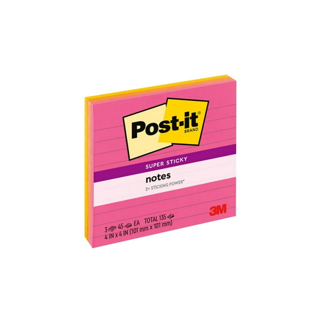 Postit Super Sticky Notes, Lined, 4 in x 4 in, Assorted Brights, 3 Pads