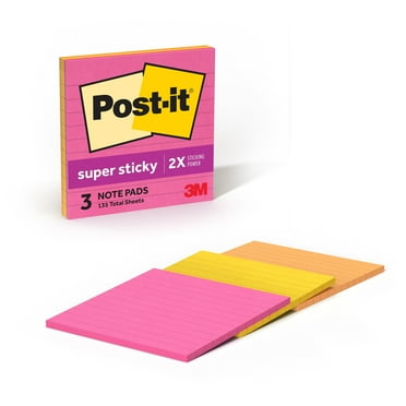 Post-it Super Sticky Notes, Lined, 4 in x 4 in, Assorted Brights, 3 Pads