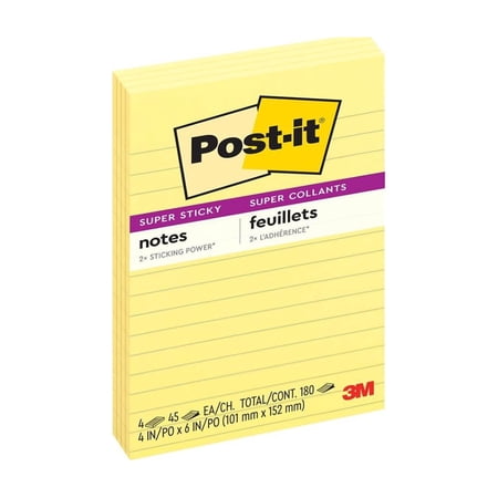 Post-it Super Sticky Notes, Lined, 4 in x 6 in, Canary Yellow, 4 Pads
