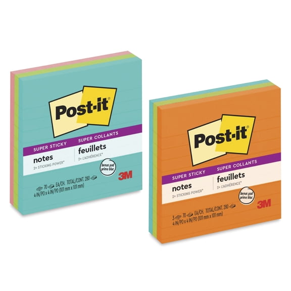 Post-it Super Sticky Notes, Lined, Assorted Colors 3 ea