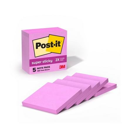 Post-it Super Sticky Notes, Neon Pink, 3 in. x 3 in., 5 Pads