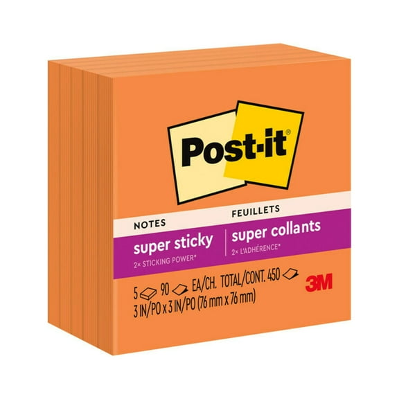 Post-it Super Sticky Notes, Sin.gle Color Packs Collection, 3 in. x 3 in., 90 Sheets, 5 Pads