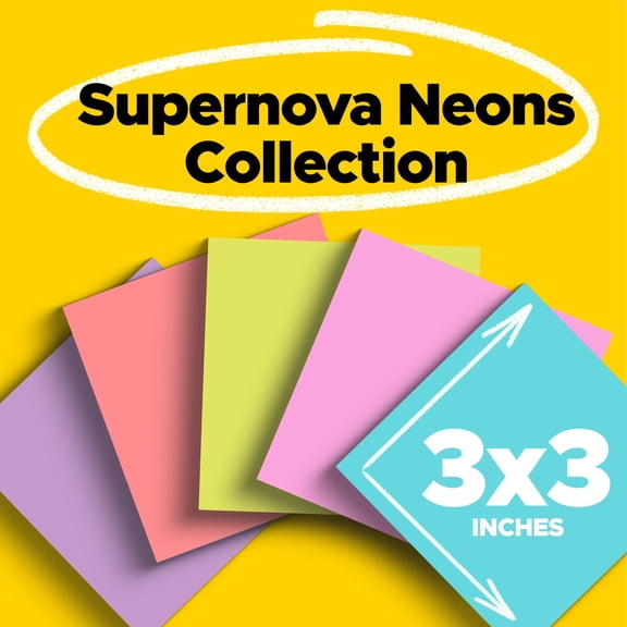 Post-it Super Sticky Notes, Supernova Neons Collection, 3 in. x 3 in., 90 Sheets, 5 Pads