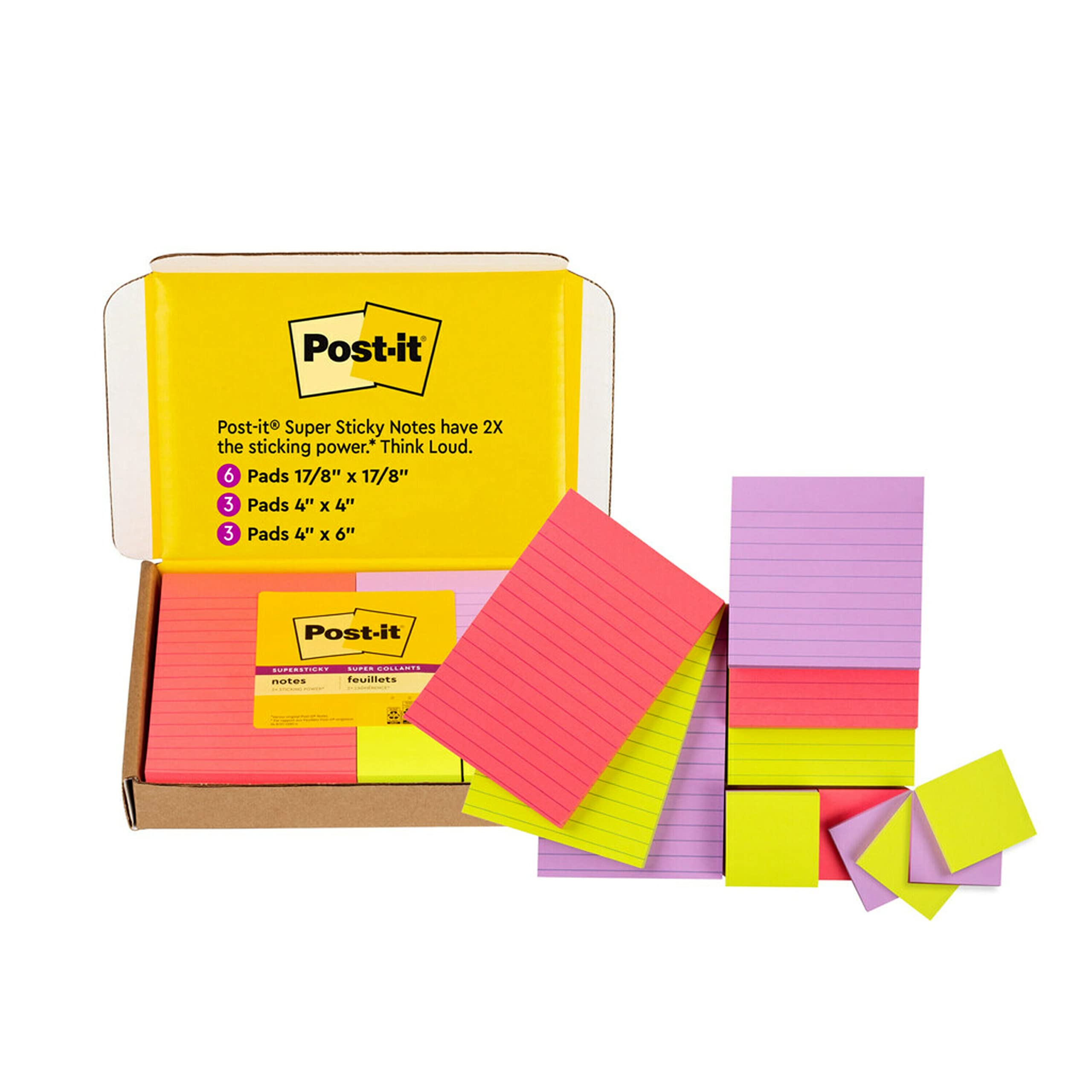 Post-it Super Sticky Notes, 's Exclusive Color Collection, Guava, Iris, Neon Green, 12 Pads/Pack, 90 Sheets/Pad, Assorted Sizes (4642-12SSMX)
