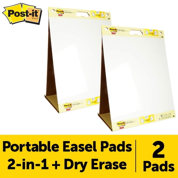 Post-it Super Sticky Portable Tabletop Easel Pad w/Dry Erase Panel 20x23 Inches, 20 Sheets/Pad, 2 Pads, One Side White Self Stick Flip Chart Paper, One Side Dry Erase, Built-in Stand (563DE VAD 2PK)