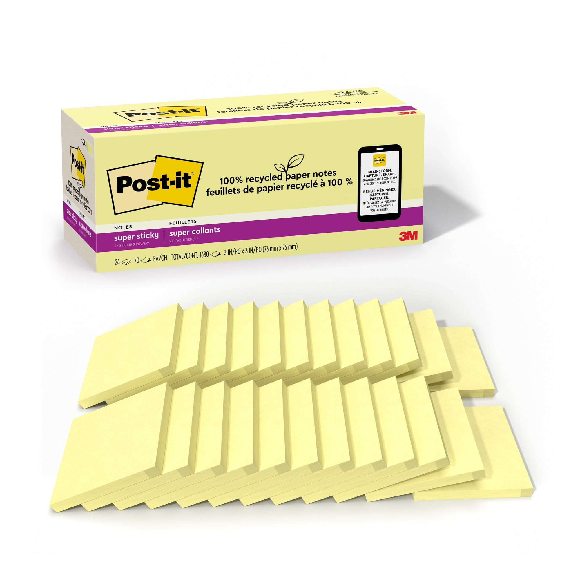 Post-it Super Sticky Recycled Notes, 3 in x 3 in, 24 Pads, 70 Sheets ...