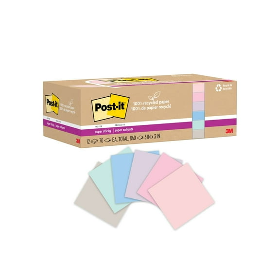 Post-it Super Sticky Recycled Notes, Wanderlust, 3 in x 3 in, 12 Pads