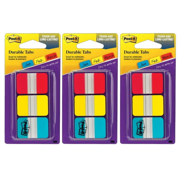 Post-it Tabs, 1" Solid, Red, Yellow, Blue, 66 Tabs & Dispenser Per Pack, 3 Packs
