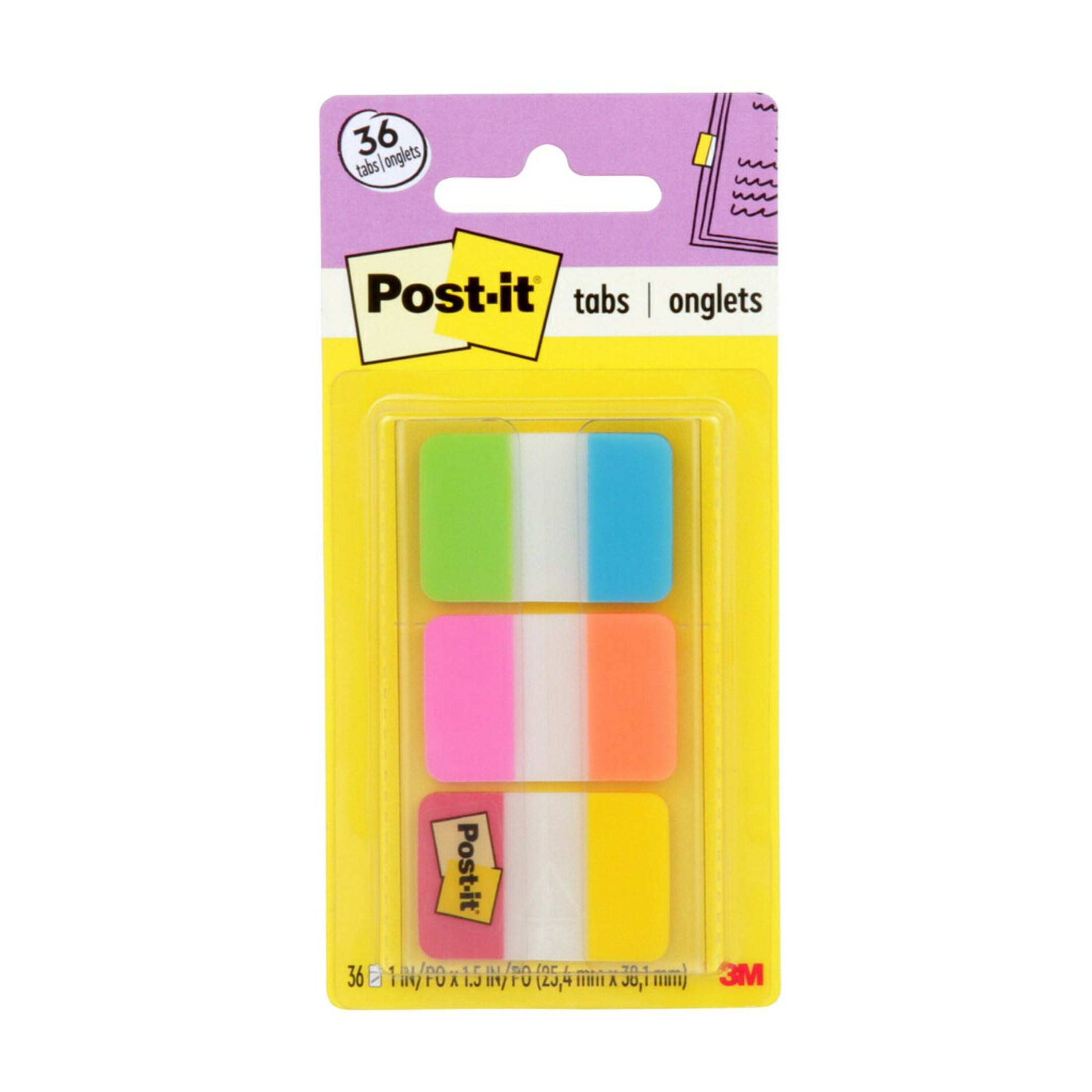 Post-it Tabs, 1" Wide Aqua, Yellow, Pink, Red, Green, Orange, 36 Tabs